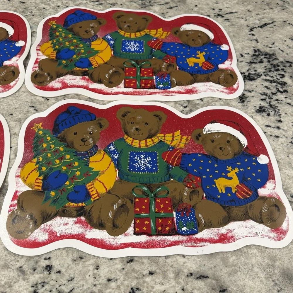 Vintage Christmas Bears Vinyl Foam Placemats Retro 80s 90s Set Of 4 Holiday